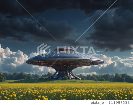 Spaceship on a field of yellow flowers 111997558