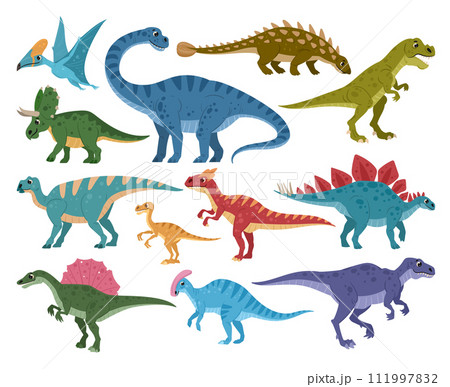 Dinosaurs set. Cartoon ancient reptiles, jurassic predators and herbivores, t rex, cute diplodocus, pterodactyl, brontosaurus flat vector illustration collection. Prehistoric dinos 111997832