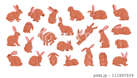Spring bunnies. Cartoon Easter holiday rabbits, wildlife funny hare animals, ginger fur domestic bunny flat vector illustration set. Cute rabbits collection 111997839
