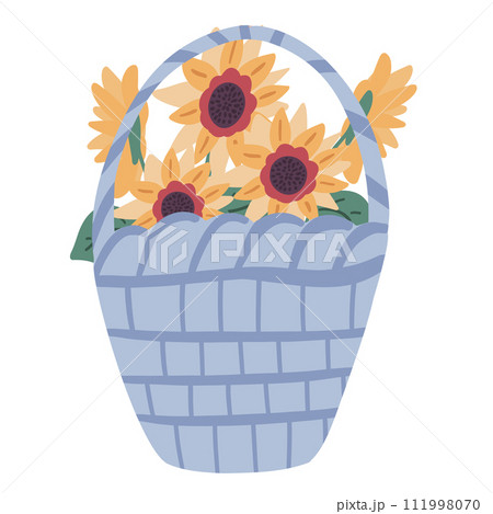Flat design sunflowers bouquet in a basket on a white background Flat design sunflowers bouquet in a basket on a white background 111998070