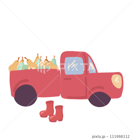 Red truck harvesting with pears and wellies boots flat design Red truck harvesting with pears and wellies boots flat design 111998112
