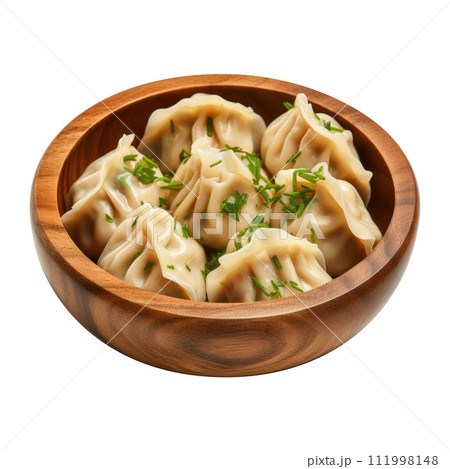 Homemade and hot manti, dumplings with meet filling in wooden bowl 111998148