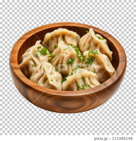 Homemade and hot manti, dumplings with meet filling in wooden bowl 111998148