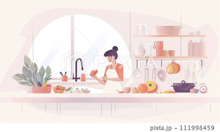 AI-generated content. Serene Kitchen Scene With Woman Preparing the meal 111998459
