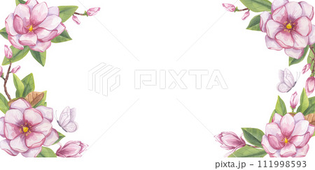 Pink magnolia banner frame. Branch flower, buds, leaves, white butterfly. Blooming floral clipart. Hand drawn watercolor illustration isolated background. Botanical element for wedding invitation 111998593