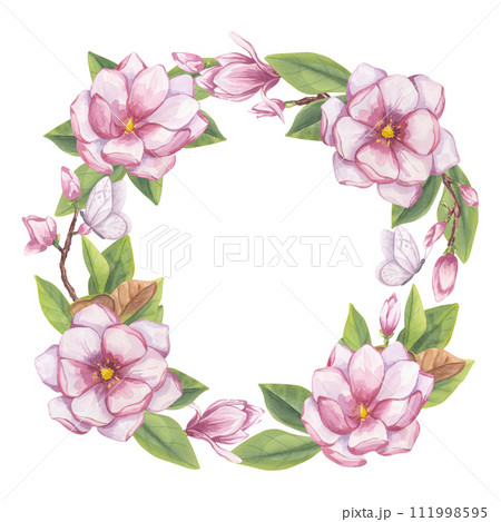 Pink magnolia wreath round frame, place for text. Branch flower, buds, leaves, white butterfly. Blooming floral clipart. Hand drawn watercolor illustration isolated background. Botanical for wedding Pink magnolia wreath round frame, place for text. Branch flower, buds, leaves, white butterfly. Blooming floral clipart. Hand drawn watercolor illustration isolated background. Botanical for wedding 111998595