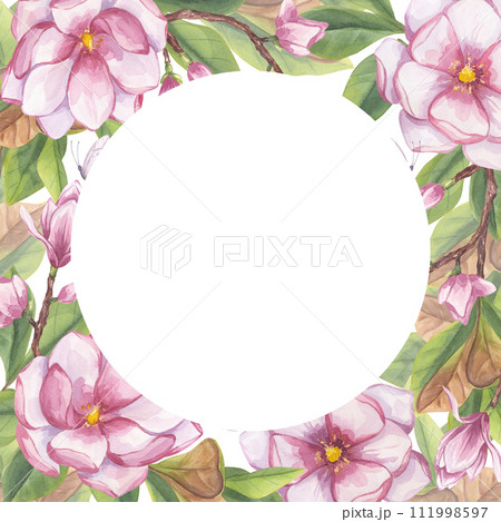 Pink magnolia round frame, place for text. Branch flower, buds, leaves, white butterfly. Blooming floral clipart. Hand drawn watercolor illustration isolated background. Botanical element for wedding 111998597