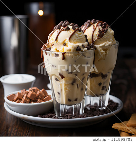 AI-generated content. Ice cream scoops with chocolate chips. AI generation AI-generated content. Ice cream scoops with chocolate chips. AI generation 111998705