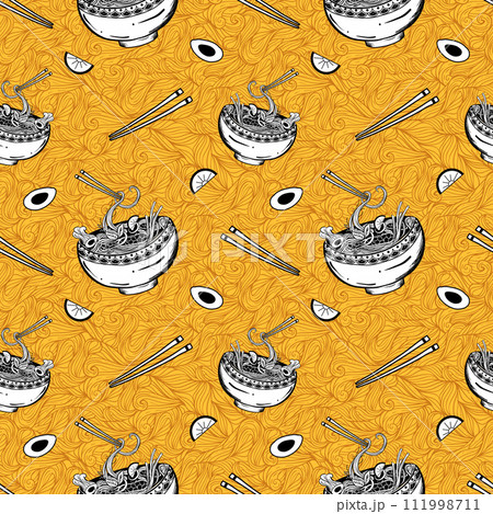 Seamless pattern with Asian food dish and chopsticks in geometric pattern 111998711