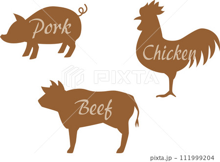 豚、鶏、牛のシルエットイラスト 豚、鶏、牛のシルエットイラスト 111999204