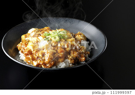 お豆腐たっぷりの長葱乗せ熱々麻婆丼を黒背景で撮影 お豆腐たっぷりの長葱乗せ熱々麻婆丼を黒背景で撮影 111999397