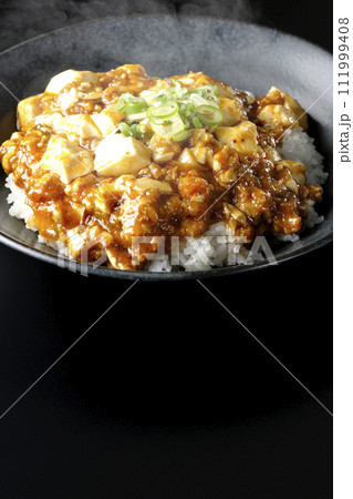 お豆腐たっぷりの長葱乗せ熱々麻婆丼を黒背景で撮影 お豆腐たっぷりの長葱乗せ熱々麻婆丼を黒背景で撮影 111999408