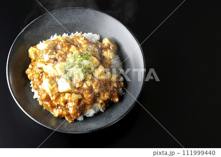 お豆腐たっぷりの長葱乗せ熱々麻婆丼を黒背景で俯瞰撮影 111999440