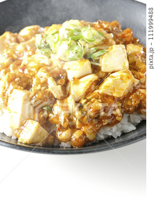 お豆腐たっぷりの長葱乗せ熱々麻婆丼を白背景で撮影 お豆腐たっぷりの長葱乗せ熱々麻婆丼を白背景で撮影 111999488