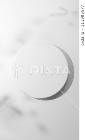 白背景に白い円柱の台座。木の葉の影。3D（俯瞰）（縦長） 111999577