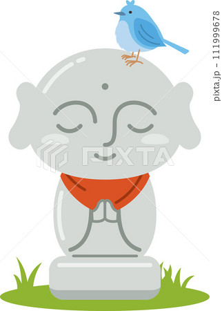 手を合わせたかわいいお地蔵さんと小鳥のイメージイラスト 111999678