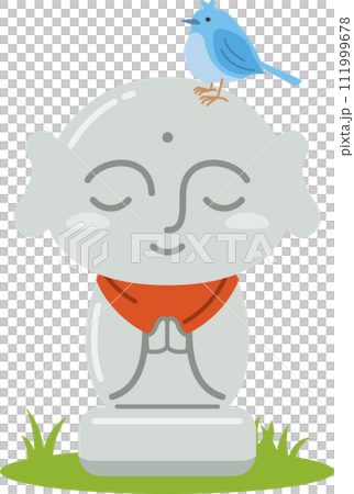 手を合わせたかわいいお地蔵さんと小鳥のイメージイラスト 111999678