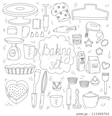 Baking set. Hand drawn illustration kitchen tools. Baking set. Hand drawn illustration kitchen tools. 111999704