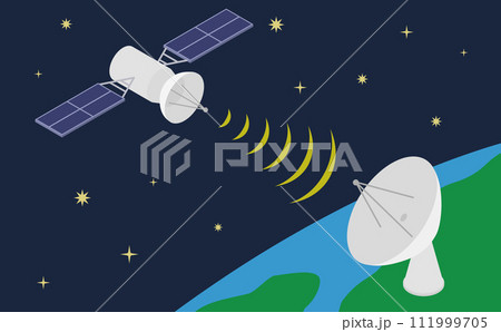 アイソメトリックイラスト:人工衛星とパラボラアンテナ 111999705