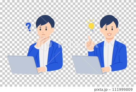 パソコンを見て疑問を持つ･ひらめきのポーズをするビジネスパーソン男性のセット【人物ベクターイラスト素 111999809