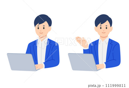 パソコンを見る・案内のポーズをするビジネスパーソン男性のセット【人物ベクターイラスト素材】 パソコンを見る・案内のポーズをするビジネスパーソン男性のセット【人物ベクターイラスト素材】 111999811