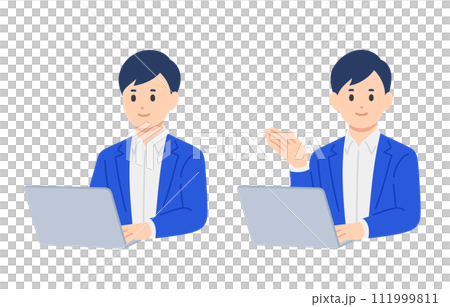 パソコンを見る・案内のポーズをするビジネスパーソン男性のセット【人物ベクターイラスト素材】 パソコンを見る・案内のポーズをするビジネスパーソン男性のセット【人物ベクターイラスト素材】 111999811