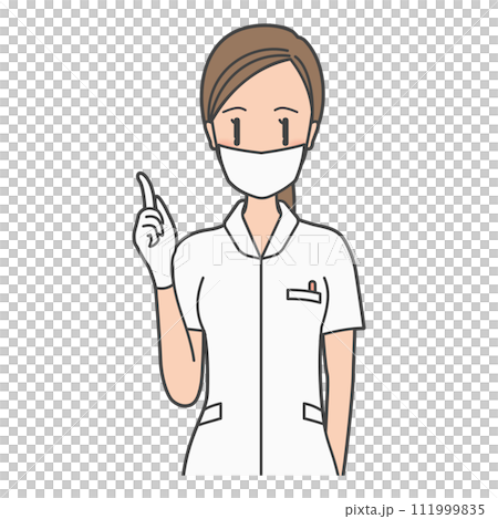 牙科助理/護士戴著口罩並解釋檢查的插圖。女士。 牙科助理/護士戴著口罩並解釋檢查的插圖。女士。 111999835