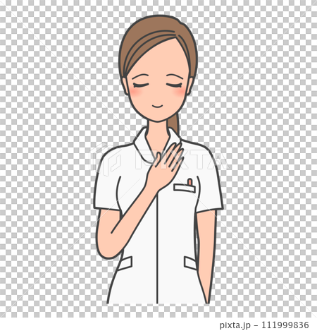 働く女性の感情・喜怒哀楽の、楽、安心、ほっ、とした表情。看護師、歯科衛生士、コメディカルのイラスト。 111999836