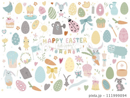 Happy Easter set. Easter bunny, butterflies, chick, eggs, branches and flowers. Vector illustration isolated on white background Happy Easter set. Easter bunny, butterflies, chick, eggs, branches and flowers. Vector illustration isolated on white background 111999894