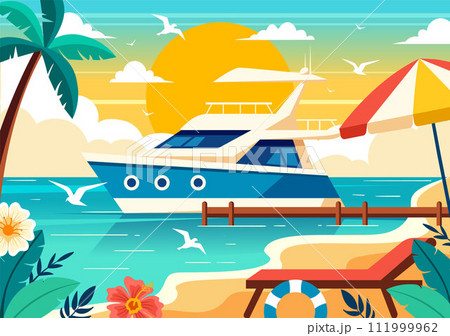 Yachts Vector Illustration with Ferries Cargo Boats and Ship Sailboat of Water Transport at the Beach in Sunset Flat Cartoon Background Yachts Vector Illustration with Ferries Cargo Boats and Ship Sailboat of Water Transport at the Beach in Sunset Flat Cartoon Background 111999962