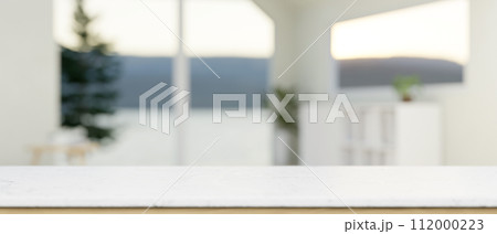 An empty space for display product on a white tabletop in a modern white living room. 112000223
