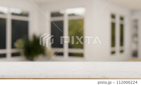 An empty space for display product on a white tabletop in a modern white living room. 112000224