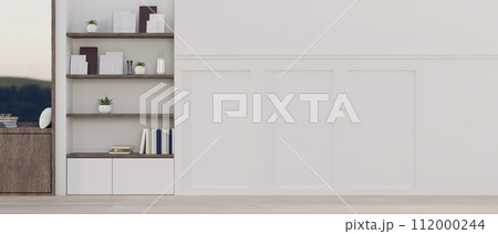 A contemporary home corridor features shelves, a white wall with molding, and parquet flooring. 112000244