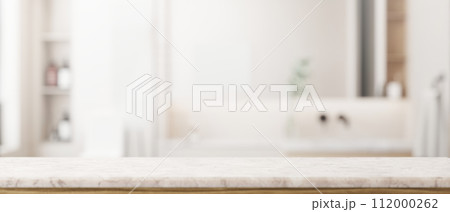 Empty mockup space for display product on a tabletop in a modern white bathroom. 112000262