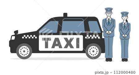タクシー車両と笑顔の男女運転手のイラスト 112000480