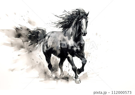 Black horse traditional chinese ink painting on white background. Animals, Illustration, Generative AI. 112000573