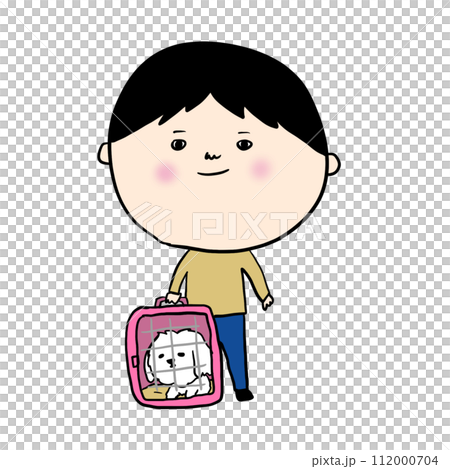 一個人帶著他的狗外出,他的狗裝在手提箱裡 一個人帶著他的狗外出,他的狗裝在手提箱裡 112000704