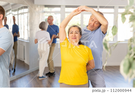 Couple of elderly man and woman dancing waltz 112000944
