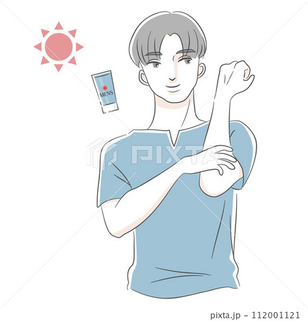 メンズ日焼け止めを塗る男性のイラストセット（ブルー） 112001121