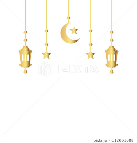 Simple hanging Arabic traditional Ramadan Kareem lantern. Eid Fitr or Adha Mubarak gold golden color lamp Greeting crescent moon and star symbol Outline line icon Vector Illustration 112001689