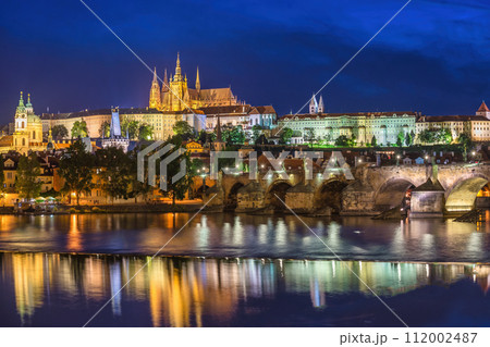 Prague Czech Republic, night city skyline at Charles Bridge Vltava River and Prague Castle, Czechia Prague Czech Republic, night city skyline at Charles Bridge Vltava River and Prague Castle, Czechia 112002487