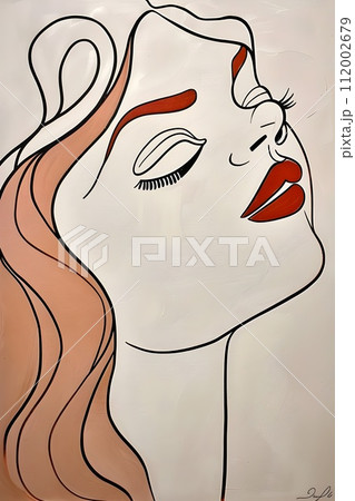Minimalist Womans Head Portrait in Acrylic Ink 112002679