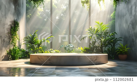 Modern Bathroom with Tub and Indoor Plants Illuminated by Sunrays 112002681