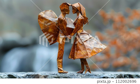 Origami Couple Near Waterfall in Cubist Style 112002696