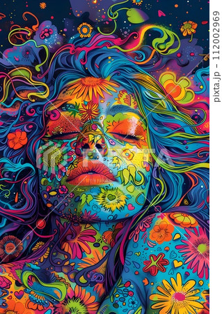 Colorful Flower Patterns Woman in Psychedelic Art Style 112002969