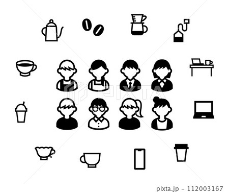 カフェに関連するアイテムと人のアイコンセット 112003167