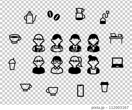カフェに関連するアイテムと人のアイコンセット 112003167