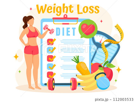 Weight Loss Vector Illustration of Woman Body Transformation Concept with Fitness, Sport, Diet and Healthy Lifestyle in Flat Cartoon Background 112003533