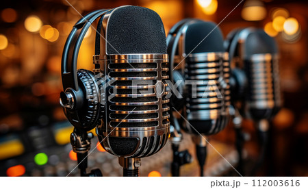 Vintage microphones with headphones on a blurred background in a recording studio. Vintage microphones with headphones on a blurred background in a recording studio. 112003616