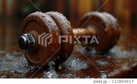 Wet rusty dumbbell on a wooden surface in the rain. 112003617